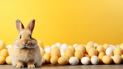 Fototapeta na wymiar a rabbit sitting in front of a group of eggs on a yellow background with a yellow wall in the background.