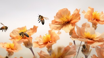 a bunch of bees flying around a bunch of flowers with orange flowers in the foreground and a white sky in the background.