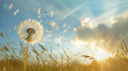 Whimsical Whispers: Dandelion Ballet in Summer Breeze. Generative AI