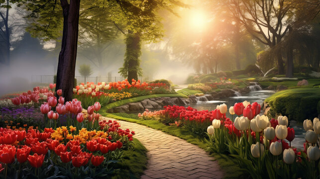 Colourful tulips at sunrise on a beautiful foggy morning.