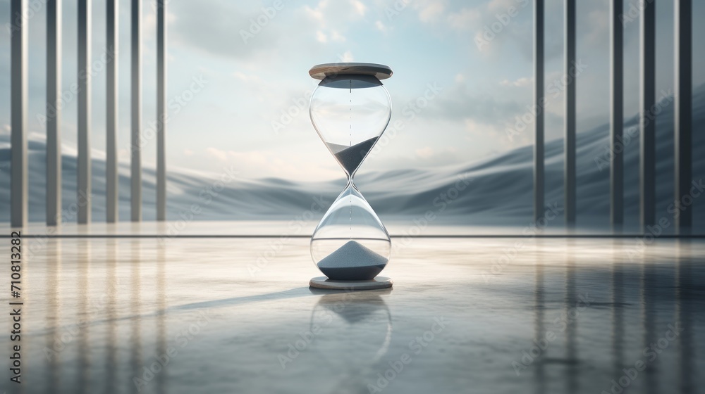 Poster an hourglass sitting on top of a table in front of a blue sky with clouds and mountains in the backg