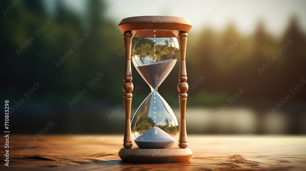 Poster an hourglass sitting on a wooden table with a reflection of trees in the sand and trees in the backg