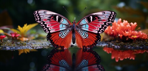 Crimson-painted butterfly with intricate patterns fluttering over a serene pond, casting a kaleidoscope of colors on the water's surface.