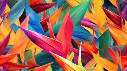  a painting of a bunch of colorful birds of paradise feathers flying in the air with colors of red, orange, yellow, green, and blue.