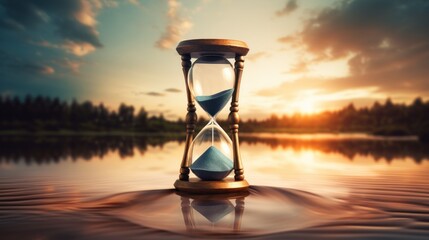  an hourglass sitting in the middle of a body of water with the sun setting in the distance behind it. - obrazy, fototapety, plakaty