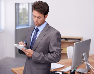 Business man, writing notes and planning in office with ideas, brainstorming and financial strategy...