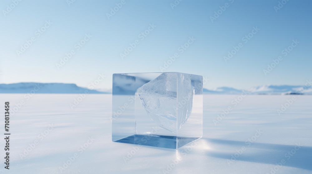 Aufkleber a square ice block sitting in the middle of a snow covered field with a mountain in the distance in 