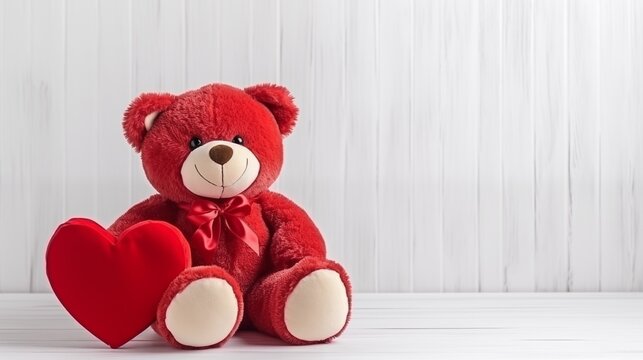 Valentine's day red teddy bear with red heart isolated on a white background with copy space