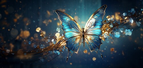 Obraz na płótnie Canvas Electric blue butterfly, its wings adorned with abstract designs, dancing through a field of golden wildflowers under a clear azure sky.