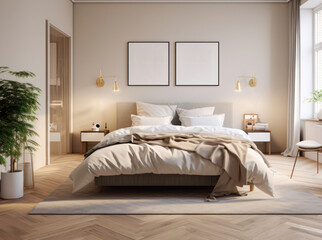 Double bedroom with in a vacation rental home. Beautiful Master Bedroom in New Luxury Home. Hardwood Floors, and pictures on the wall