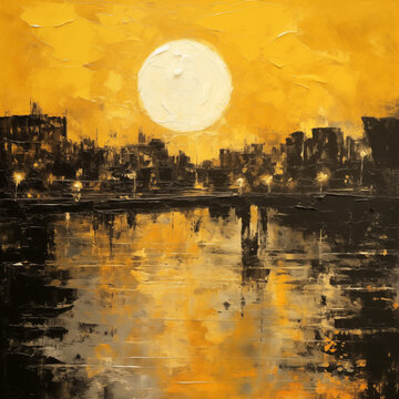 cityscape of urban city at riverside, night view oil paint illustration, 