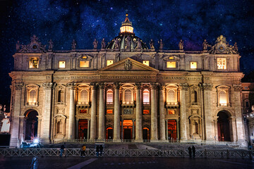 Vatican basilica at night Rome Italy	