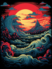 t-shirt design, the sunset shows mountains and a river in a blue and red colored t shirt created with Generative Ai