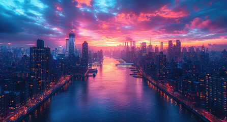 Fantasy landscape of city with river, downtown with skyscrapers and cloudy sky at sunset - obrazy, fototapety, plakaty