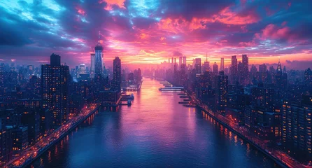 Fotobehang Fantasy landscape of city with river, downtown with skyscrapers and cloudy sky at sunset © Dmitry Lobanov