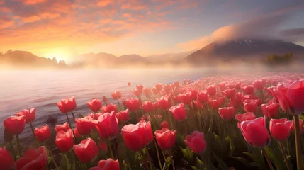 Fotobehang Colourful tulips at sunrise on a beautiful foggy morning. © alexkich