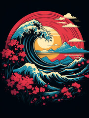 t-shirt design, the sunset shows mountains and a river in a blue and red colored t shirt created with Generative Ai
