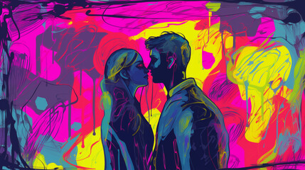 Kissing couple on valentine day background in style of Psych contemporary art