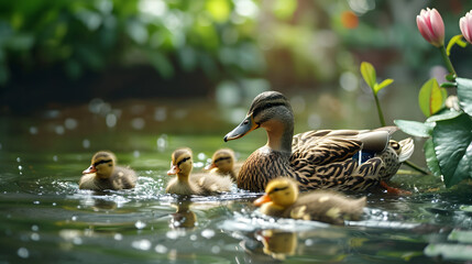 duck and ducklings, a delightful scene of a family of ducks swimming peacefully in a backyard pond - obrazy, fototapety, plakaty
