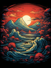 t-shirt design, the sunset shows mountains and a river in a blue and red colored t shirt created with Generative Ai
