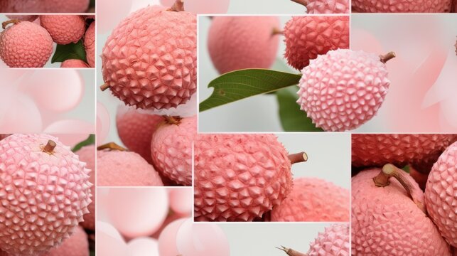  a collage of photos of a pink fruit with a green leaf on the top and bottom of the picture.