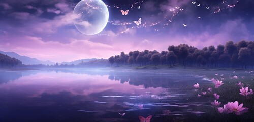 Lavender butterfly with celestial motifs, dancing in the glow of a full moon over a calm lake, creating a magical and tranquil reflection on the water.