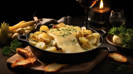  a skillet filled with cheese and potatoes on top of a wooden cutting board next to a glass of wine.