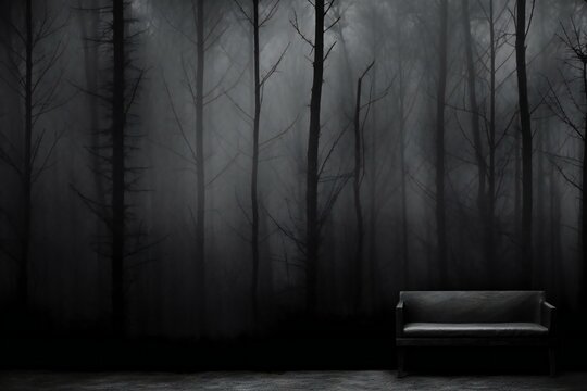 Conceptual image of a dark and mysterious forest with a bench