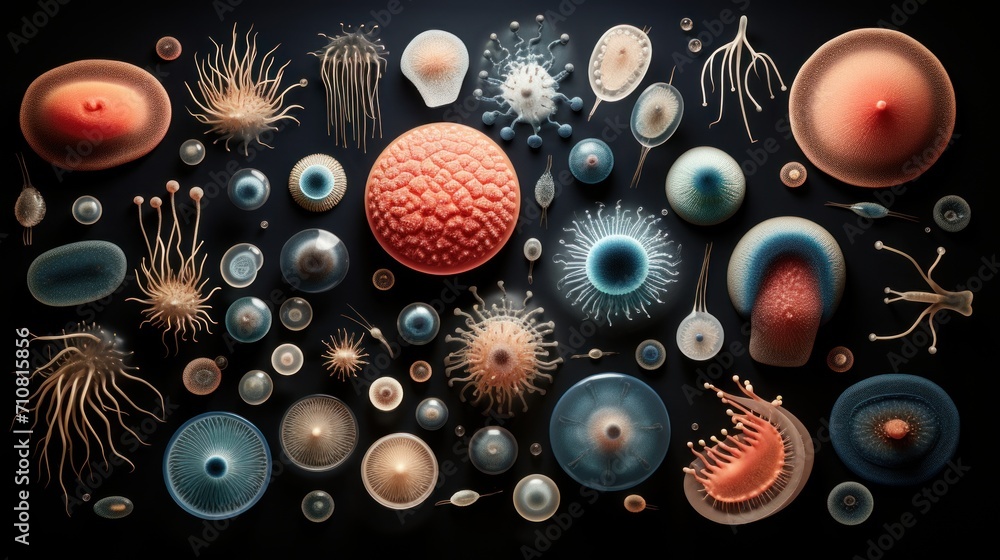 Poster a group of different types of jellyfish on a black background with a black background and a red one 