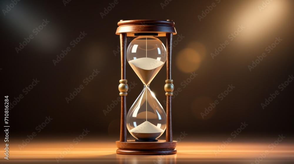 Poster an hourglass with sand running through it on a wooden table in front of a dark background with boke 