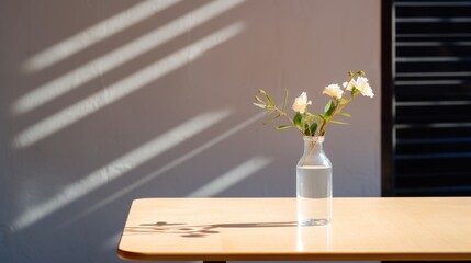  a vase filled with white flowers sitting on top of a wooden table with a shadow of a wall behind it.