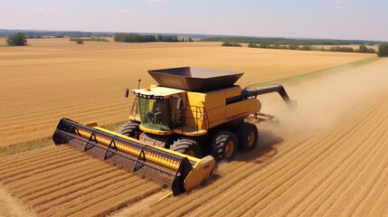 Harvester machine working in field . Combine harvester agriculture machine harvesting golden ripe wheat field. Agriculture. Aerial view. From above.