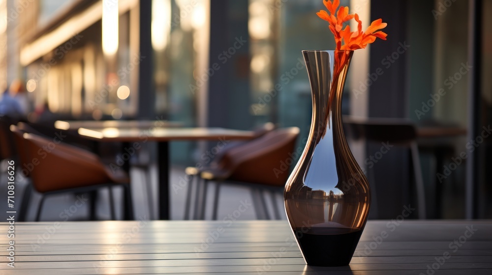 Poster a vase with an orange flower in it sitting on a table in front of a restaurant with chairs and table