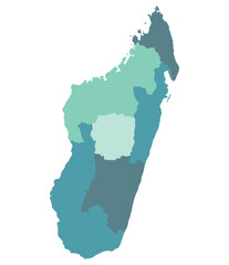 Madagascar map. Map of Madagascar in six mains regions in multicolor