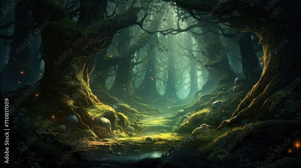 Poster a painting of a forest scene with a stream running through the middle of the forest, surrounded by l