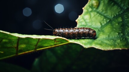  a close up of a caterpillar on a leaf on a dark background with small circles of light in the background.