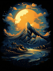 t-shirt design, a blue t shirt with a large sky and mountains, in the style of hyper-detailed illustrations created with Generative Ai