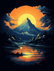 t-shirt design, a blue t shirt with a large sky and mountains, in the style of hyper-detailed illustrations created with Generative Ai