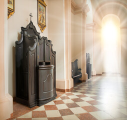 Berdichev, Ukraine. 2023. Cathedral of the Discalced Carmelites. Сonfessional cabinet - obrazy, fototapety, plakaty