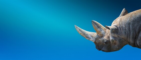 Banner with portrait of huge African rhino with a big horn at blue gradient background with copy...