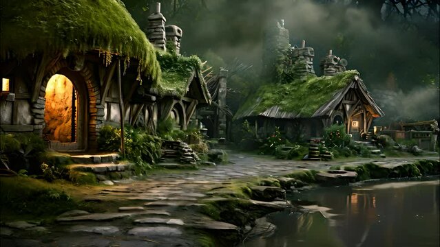 Painting of a Charming Fantasy Village With a Pond