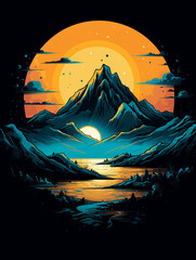 t-shirt design, a blue t shirt with a large sky and mountains, in the style of hyper-detailed illustrations created with Generative Ai