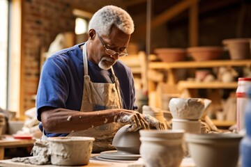 African american senior male potter working on pottery wheel while sitting in his workshop - obrazy, fototapety, plakaty