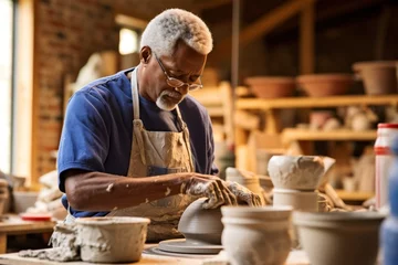 Fotobehang African american senior male potter working on pottery wheel while sitting in his workshop © evgenia_lo