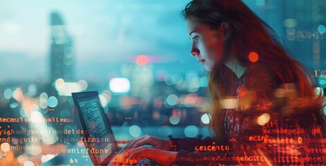 Creative Digital Expert Coding at Night.
Creative digital expert immersed in coding on a laptop with city night backdrop.