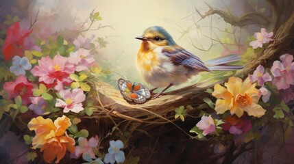  a painting of a bird sitting on a branch with a butterfly in it's beak next to a nest of flowers.