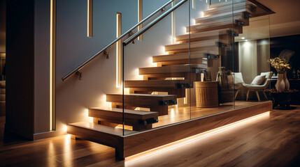 A contemporary wooden staircase with transparent glass balustrades, discreetly lit by LED lighting...