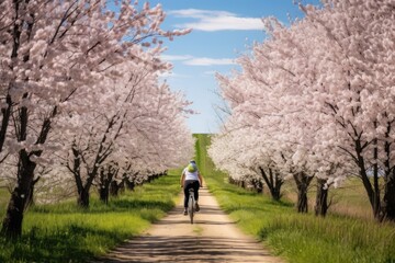 woman rides a bicycle on the country road under blossom trees. Spring is comming concept image.
