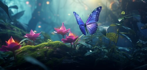 Fototapeta na wymiar Orchid-colored butterfly with abstract designs, flitting through a misty rainforest, surrounded by lush vegetation and the soothing sounds of rainfall.