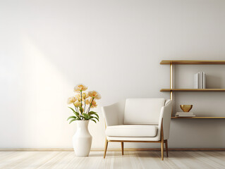 Interior room with white arm chair and an open bookcase